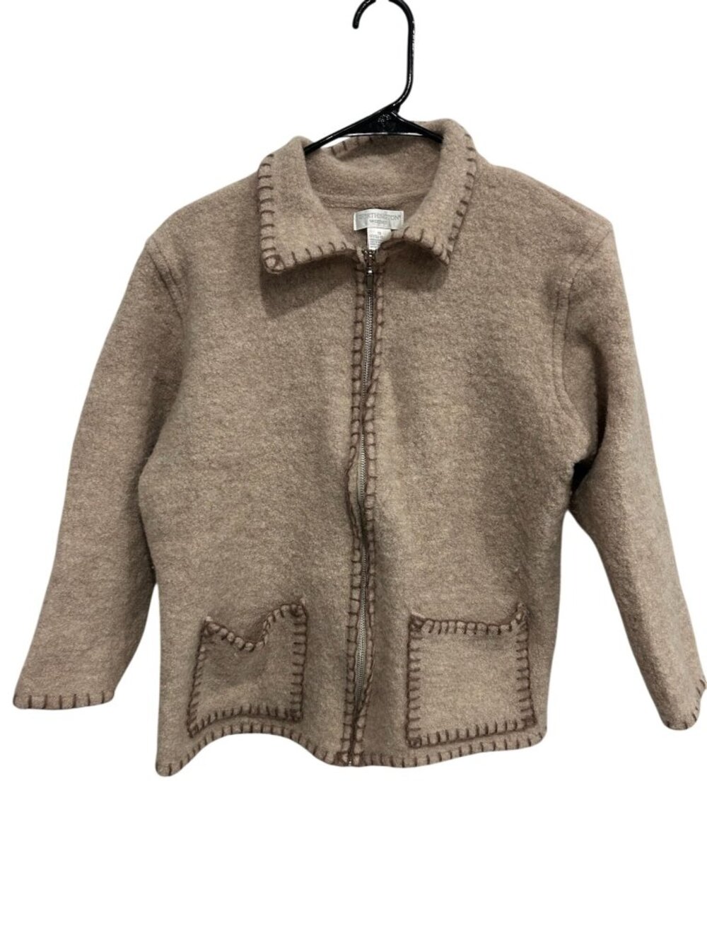 Worthington 1X Beige Wool Jacket Stitch Detail Full Zip 90s Minimalism Old Money